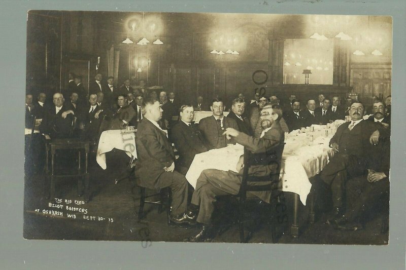 Oshkosh WISCONSIN RPPC 1913 INTERIOR HOTEL Banquet BELOIT BOOSTERS Auto Rally