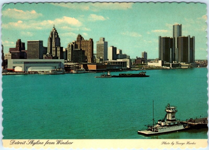 c1980s Detroit, MI Skyline Panorama from Windsor, Ontario Postcard Joe Louse A79