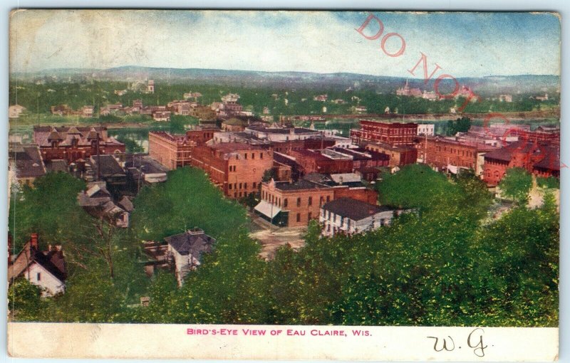 1907 Eau Claire, Wis. Birds Eye View Downtown Litho Photo Postcard Main St A23