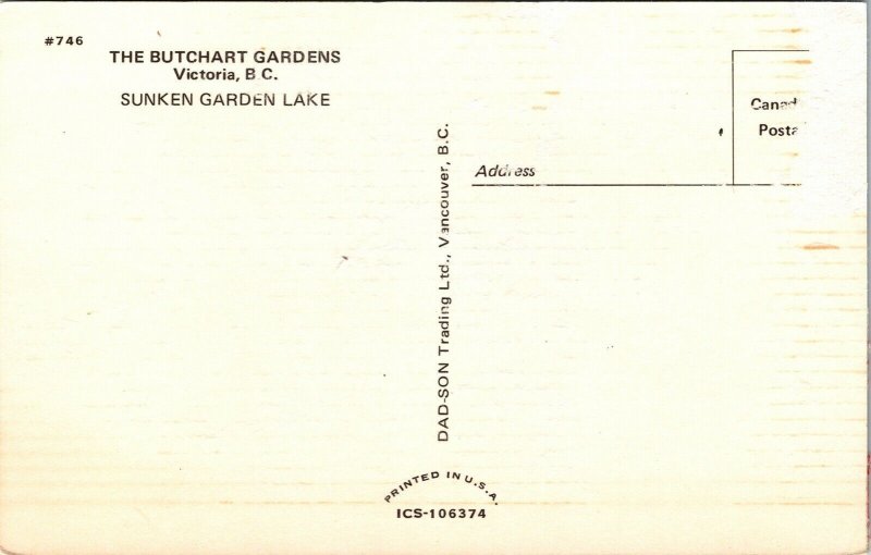 Butchart Gardens Victoria BC British Columbia Canada Sunken Garden Lake Postcard 