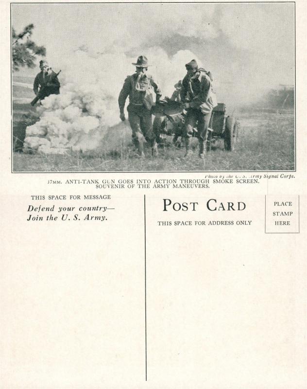 U.S. ARMY GAS MASKS ANTI-TANK GUN SMOKE SCREEN ANTIQUE POSTCARD