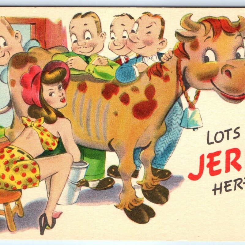 c1940s Comic Risque Woman Lots of Jerks Anthropomoprhic Cute Cow Linen PC A272