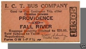 ICT Bus Company Ticket, Providence, RI to Fall  River, Massachusetts/MA, 1960...