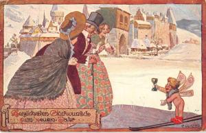 US2546 Angel on ski Fantasy art nouveau bund in bohmen Czech Prag signed Kutzer