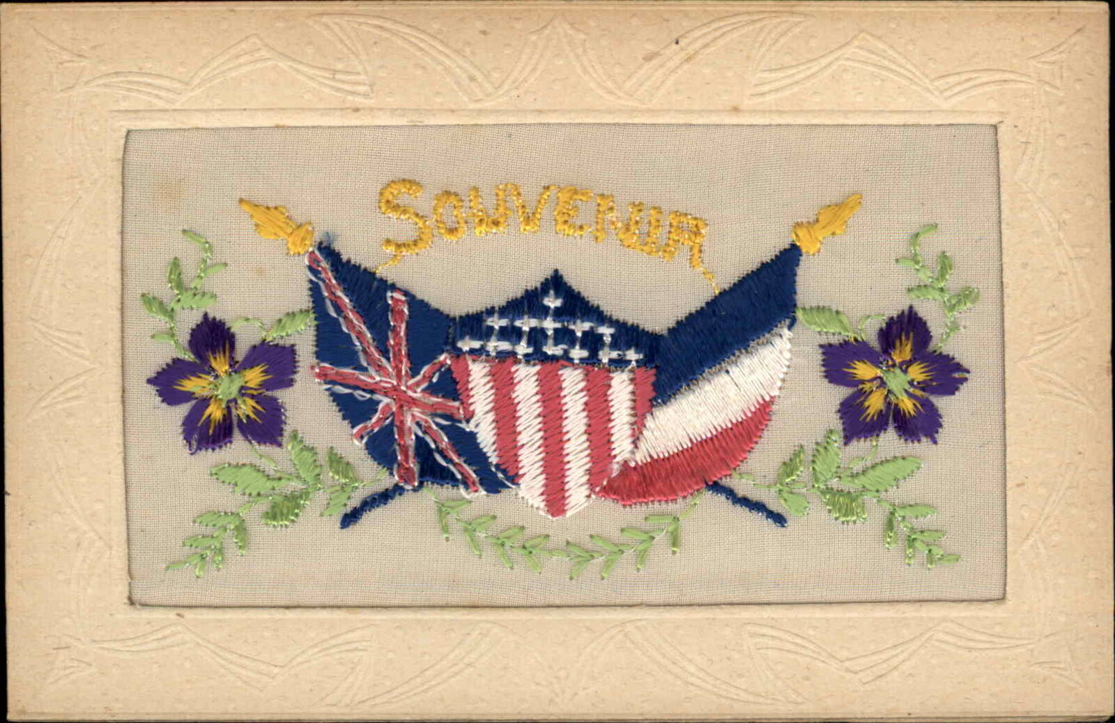 Silk Embroidered Patriotic American British French Flags WWI c1918