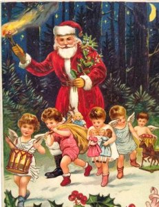 Santa Claus Christmas Postcard Fire Torch Cherubs Angels Moon Stars Germany MAB