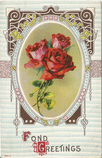Rich Ruby Red Roses with Art Nouveau Frame Embossed Postcard Vintage Postcard
