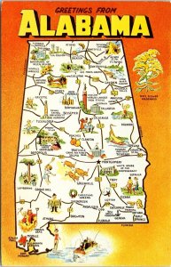 Greetings Alabama Cotton State Yellowhammer State Map Cities DB Postcard 