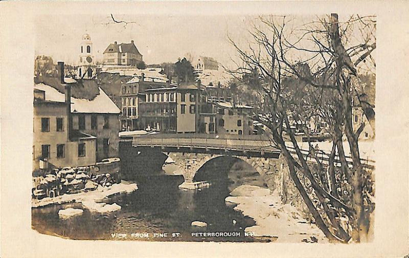 Peterborough NH Store Fronts Bridge From Pine Street Hill RPPC Postcard