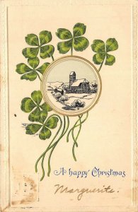 HAPPY CHRISTMAS 1906 Embossed Postcard Four Leaf Clover With Snow Church Scene