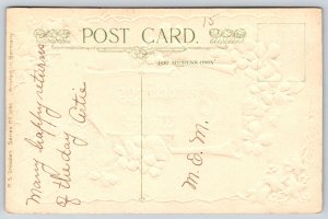 Greetings & Good Wishes Calligr Scroll~Purple Flowers~c1910 Vintage Postcard