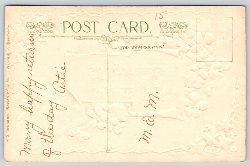 Greetings & Good Wishes Calligr Scroll~Purple Flowers~c1910 Vintage Postcard