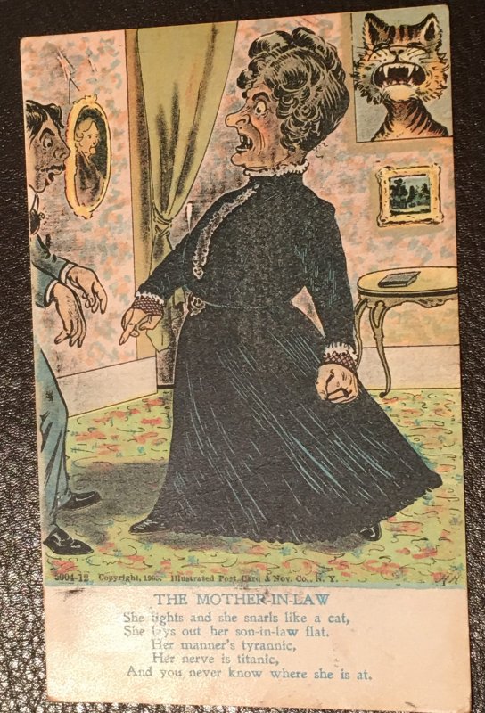 Vintage snarling tyrannical mean-spirited Mother-In-Law limerick card 1905