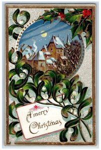 1909 Christmas Holly Berries Moon House Chimney Embossed Racine WI Postcard