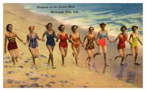 Indiana Michigan City , Girls in bathing suits romping on beach IN005