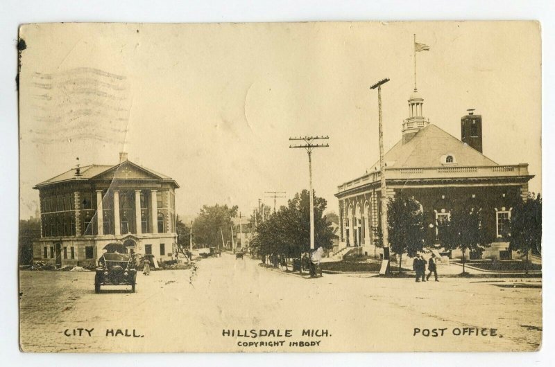 Postcard Hillsdale Mich. Michigan City Hall Post Office RPPC Standard View Card