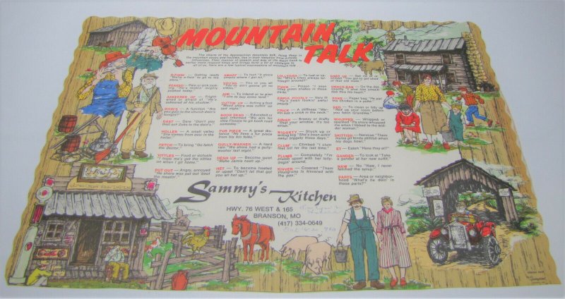 Sammy's Kitchen Branson Missouri Paper Placemat Mountain Talk Hillbilly Ozarks 