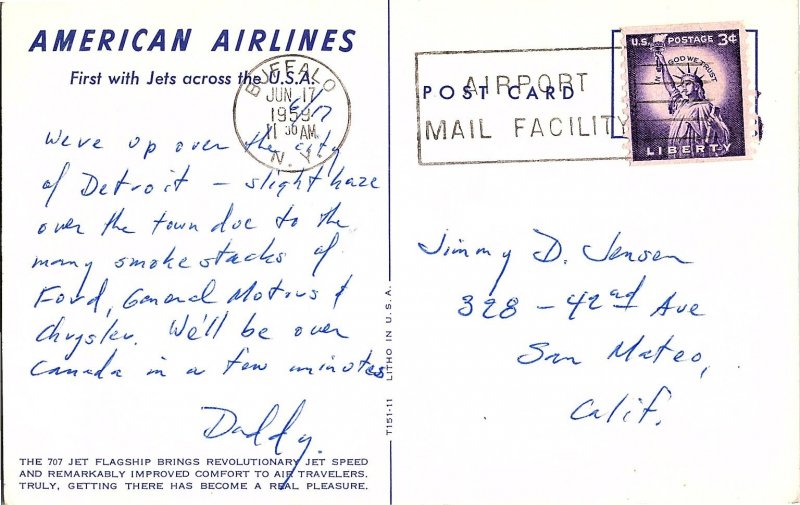 Airline Issued American Airlines 707 Jet Mid-Flight 1950s  Postcard