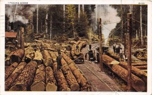 Logging Scene Donkey Engine Railroad Cars Train Washington 1930 postcard 