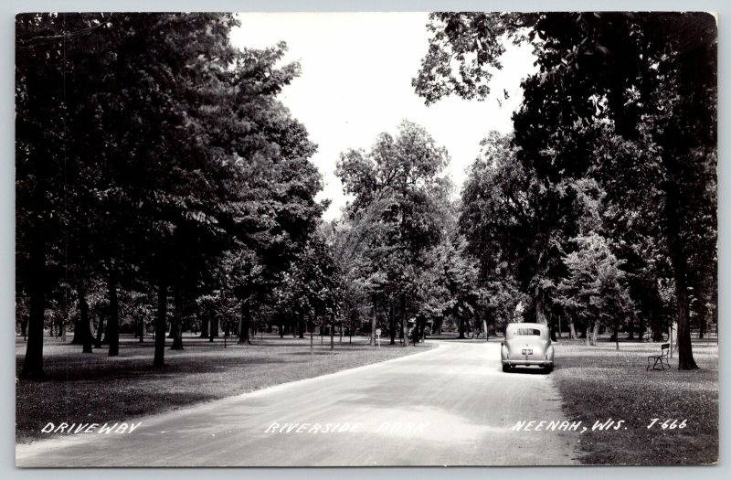 Neenah Wisconsin~Riverside Park Driveway to Shelter House~1945 Hudson Car~RPPC 