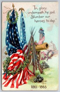 Patriotic Decoration Day~Civil War Heroes Slumber 'Neath Sod~Flags~Cannon~TUCK