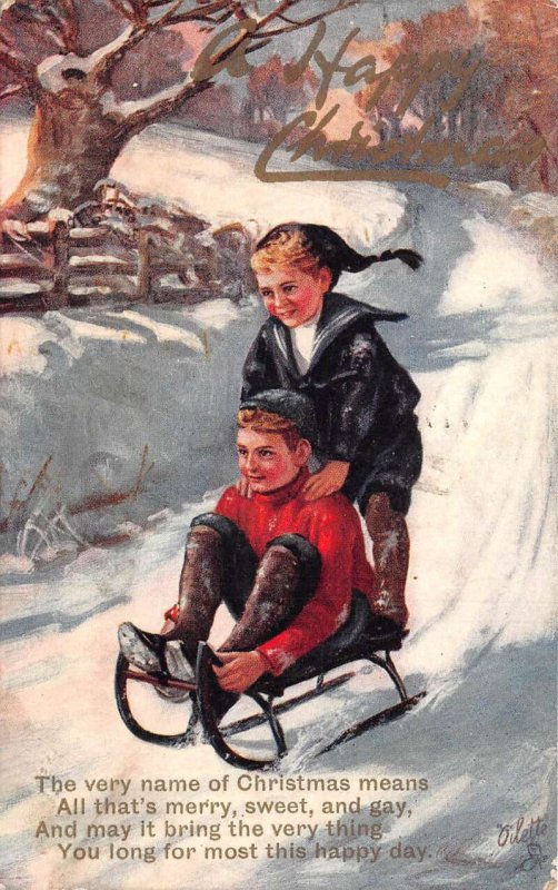 Christmas Greetings Children Sledding Tuck Oilette Vintage Postcard AA74818