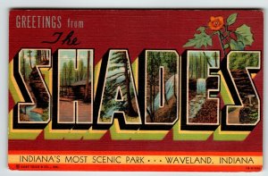 Greetings From Shades Indiana Large Big Letter Postcard Linen Curt Teich Unused