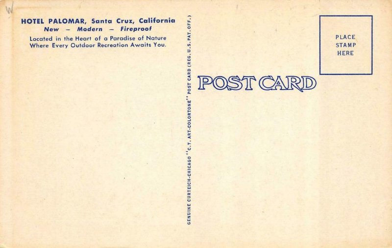 SANTA CRUZ, California CA  HOTEL PALOMAR  Roadside c1940's Beach Framed Postcard