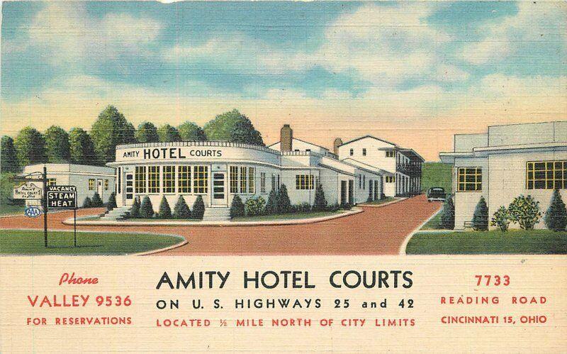 Amity Hotel Court roadside linen Cincinnati Ohio 1940s Postcard Teich 98