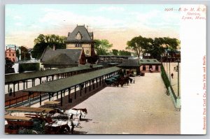 Depots~Lynn Massachusetts~Horse Carriages @ B&M Railroad Station~Vtg Postcard