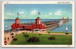 Chicago Illinois~Navy Pier Birds Eye View~Flag~Sailboat~Cars~Linen 1935 Postcard
