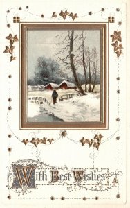 Vintage Postcard 1910s With Best Wishes Greetings Snow Winter Countryside