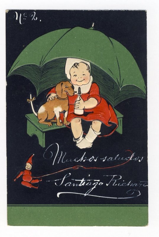 Dachshund dog - smiling baby girl milk bottle umbrella & Dachshund on bench 1905