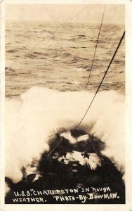 RPPC USS CHARLESTON Rough Weather Bowman Photo Battleship 1910s Vintage Postcard