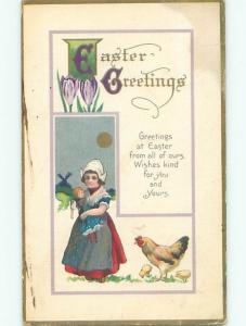 Pre-Linen easter CUTE GIRL HOLDING DOLL BESIDE CHICKEN k2268