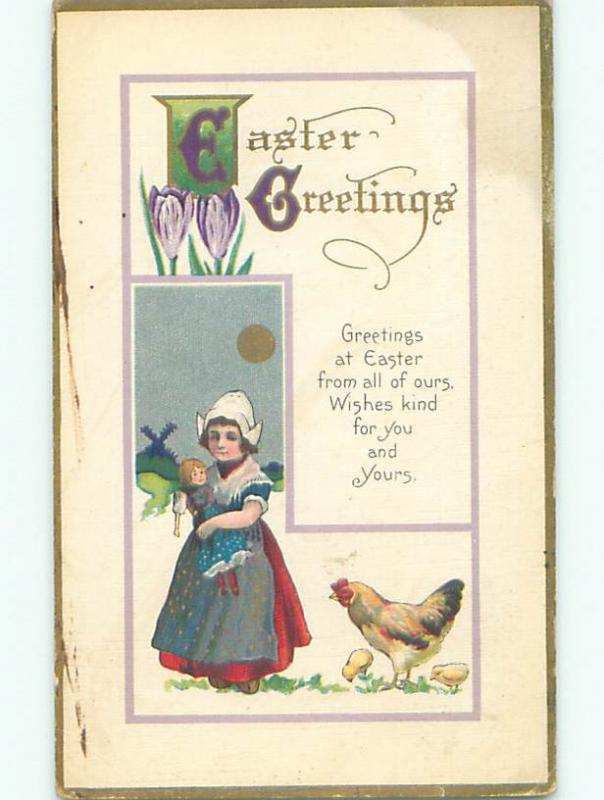 Pre-Linen easter CUTE GIRL HOLDING DOLL BESIDE CHICKEN k2268