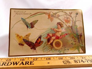 Victorian Trade Card Merrick Thread Co Cherub Big Spool Chariot Butterflies #L