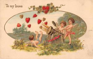 Valetines Greetings Cupid Heart Cannon Antique Postcard J63901