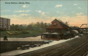 Akron OH Union RR Train Station Depot c1910 Postcard #1