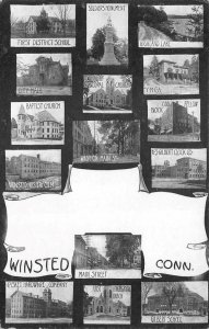 WINSTED CONNECTICUT MAIN STREET CHURCH SCHOOL MILITARY MULTI-VIEW POSTCARD 1907