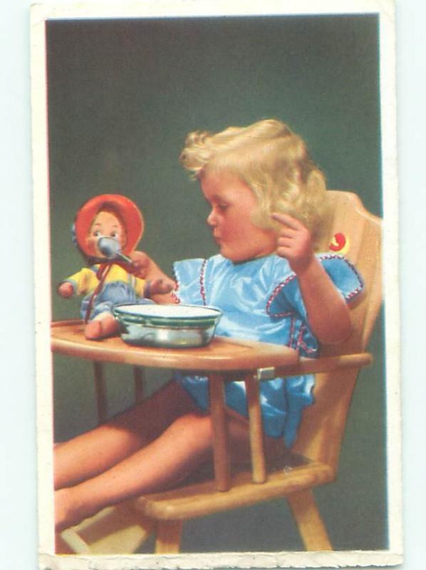 foreign Old Postcard EUROPEAN GIRLS SPOON FEEDS HER DOLL AC2602