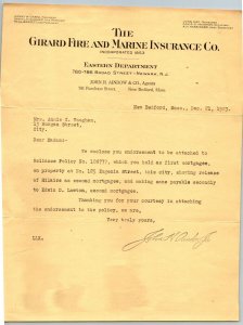 1923  New Bedford  Massachusetts  125 Eugenia Street Insurance Receipt 11 x 8