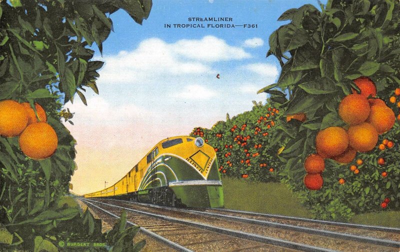 Illinois Central Railroad Streamliner Train Florida linen postcard