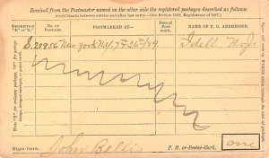 Registered Package Receipt Mail Related 1889 PU missing stamp 