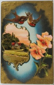 Greetings Birds Scenic Country Home Pretty Flowers Bronze Gild Emb Postcard L11