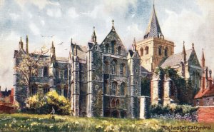 Vintage Postcard Rochester Cathedral From The North White Yellow Flowers Oilette