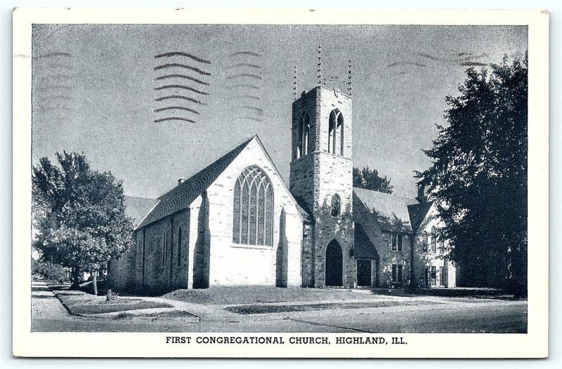 Postcard IL Highland First Congregational Church Vintage Linen R20