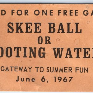 June 6 1967 Skee Ball Carnival Ticket Gateway Fun Card Hippie Summer of Love C43