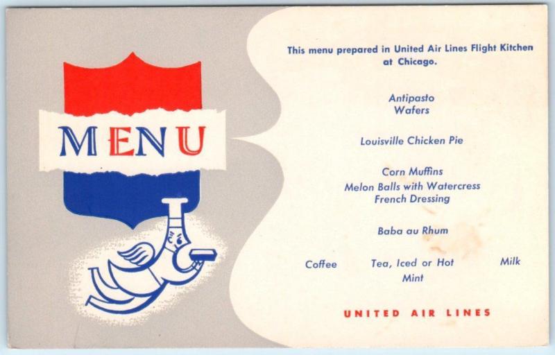 UNITED AIR LINES Airlines~Advertising MENU Flying Chef  Chicago Flight Kitchen