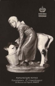 Porcelain Royale Porcelaines de Copenhague Milkmaid Milk Maid Cow Statue RPPC